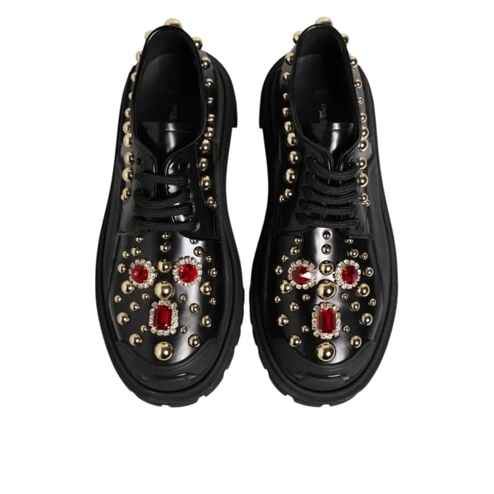Dolce & Gabbana Black Leather Jeweled Crystals Derby Shoes