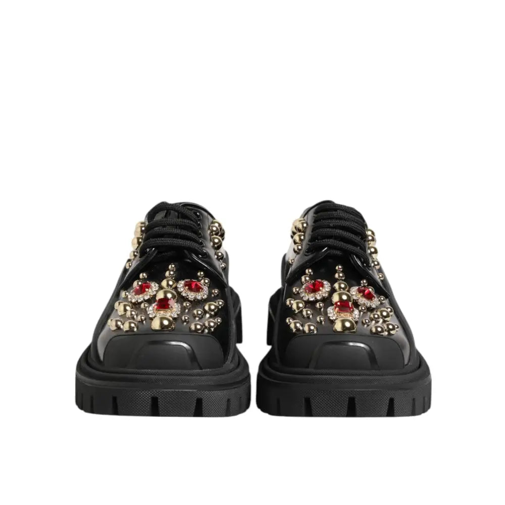 Dolce & Gabbana Black Leather Jeweled Crystals Derby Shoes
