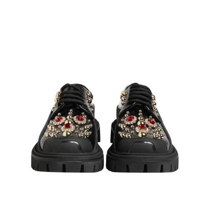 Dolce & Gabbana Black Leather Jeweled Crystals Derby Shoes