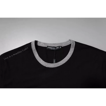 Sort Dolce & Gabbana sort t-shirt med grå ribkrave og tryk, 100% originale brands