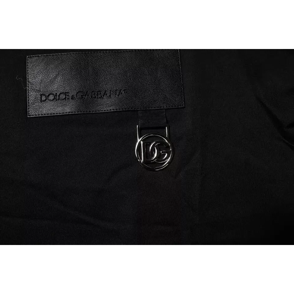 Dolce & Gabbana sort-hvidt logo-patch bomuld crew neck t-shirt med sort læderrem med sølvtonet DG-logo