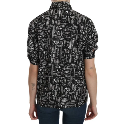 Dolce & Gabbana black musical instrument collared blouse shirt