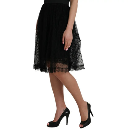 Dolce & Gabbana Black Nylon Lace Trim High Waist A-line Skirt