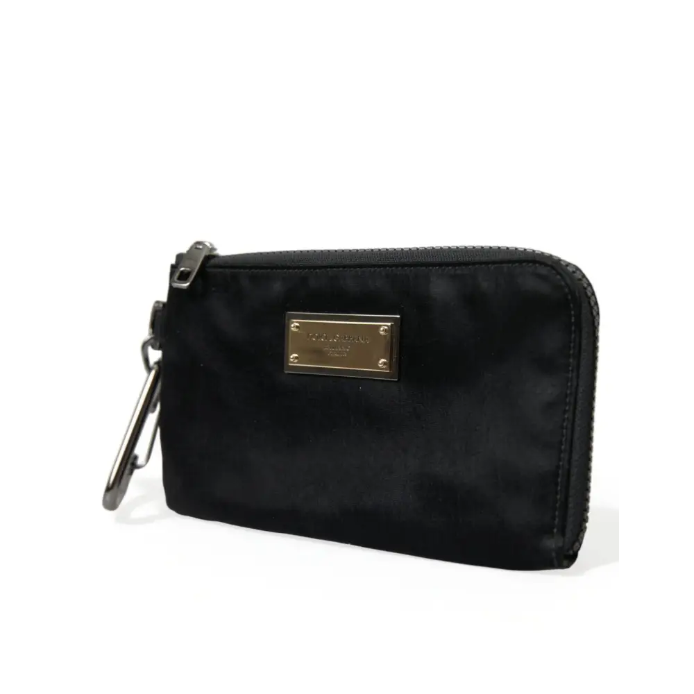 Dolce & Gabbana black nylon logo plaque keyring pouch clutch with suede-like wallet, gold-tone plaque and carabiner