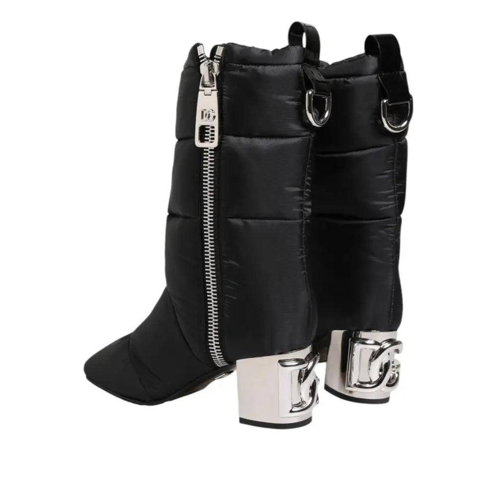 Dolce & Gabbana Black Padded Mid Calf Logo Heel Boots Shoes