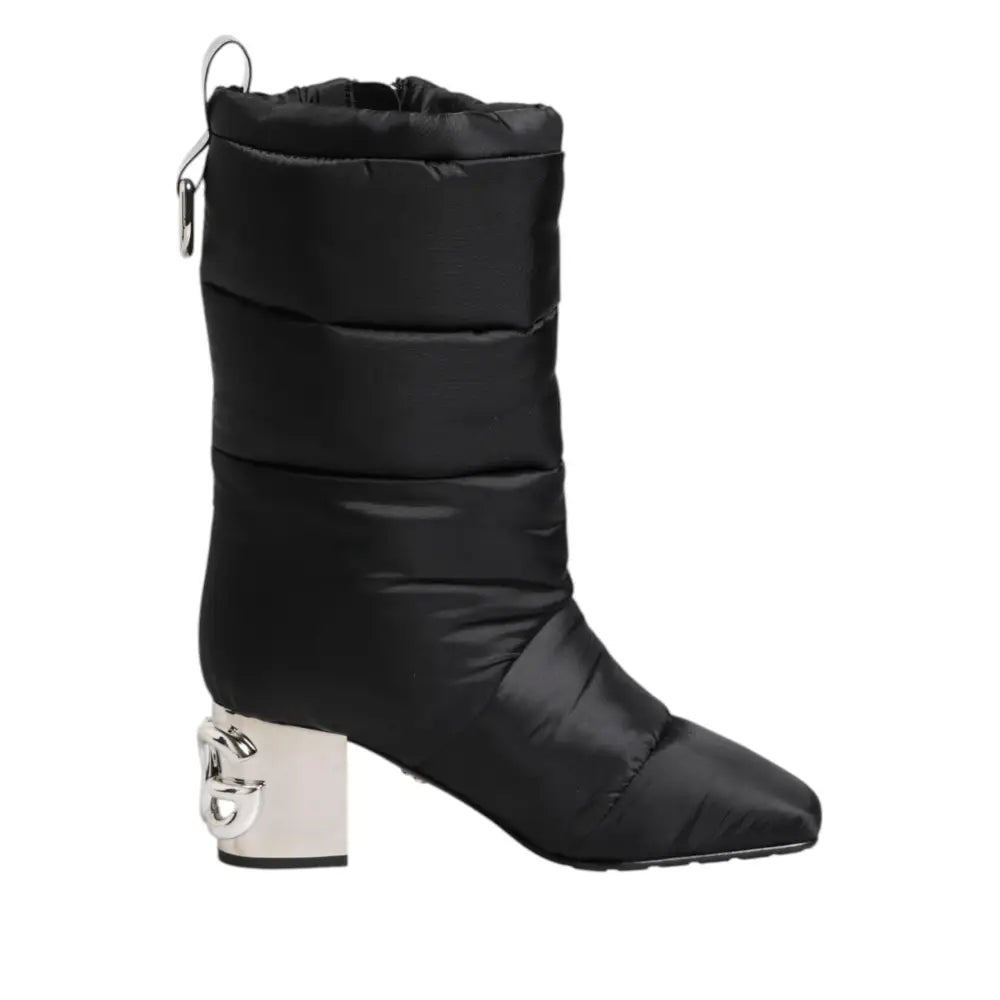 Dolce & Gabbana Black Padded Mid Calf Logo Heel Boots Shoes