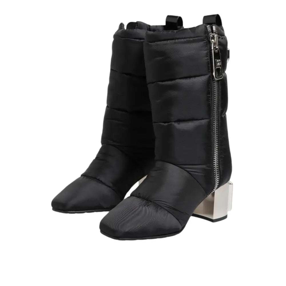 Dolce & Gabbana Black Padded Mid Calf Logo Heel Boots Shoes