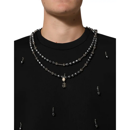 Dolce & Gabbana Black Polyester Necklace Embellished T-shirt - T-shirts