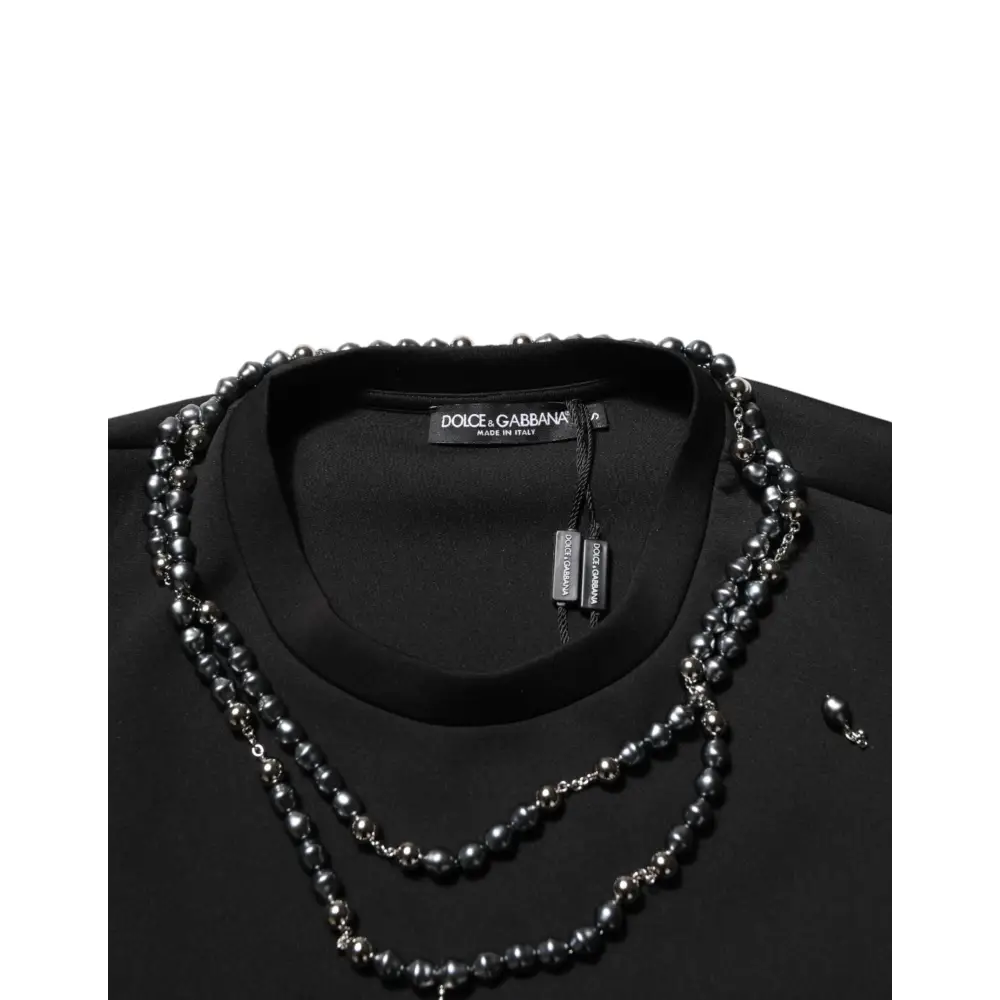 Dolce & Gabbana Black Polyester Necklace Embellished T-shirt - T-shirts