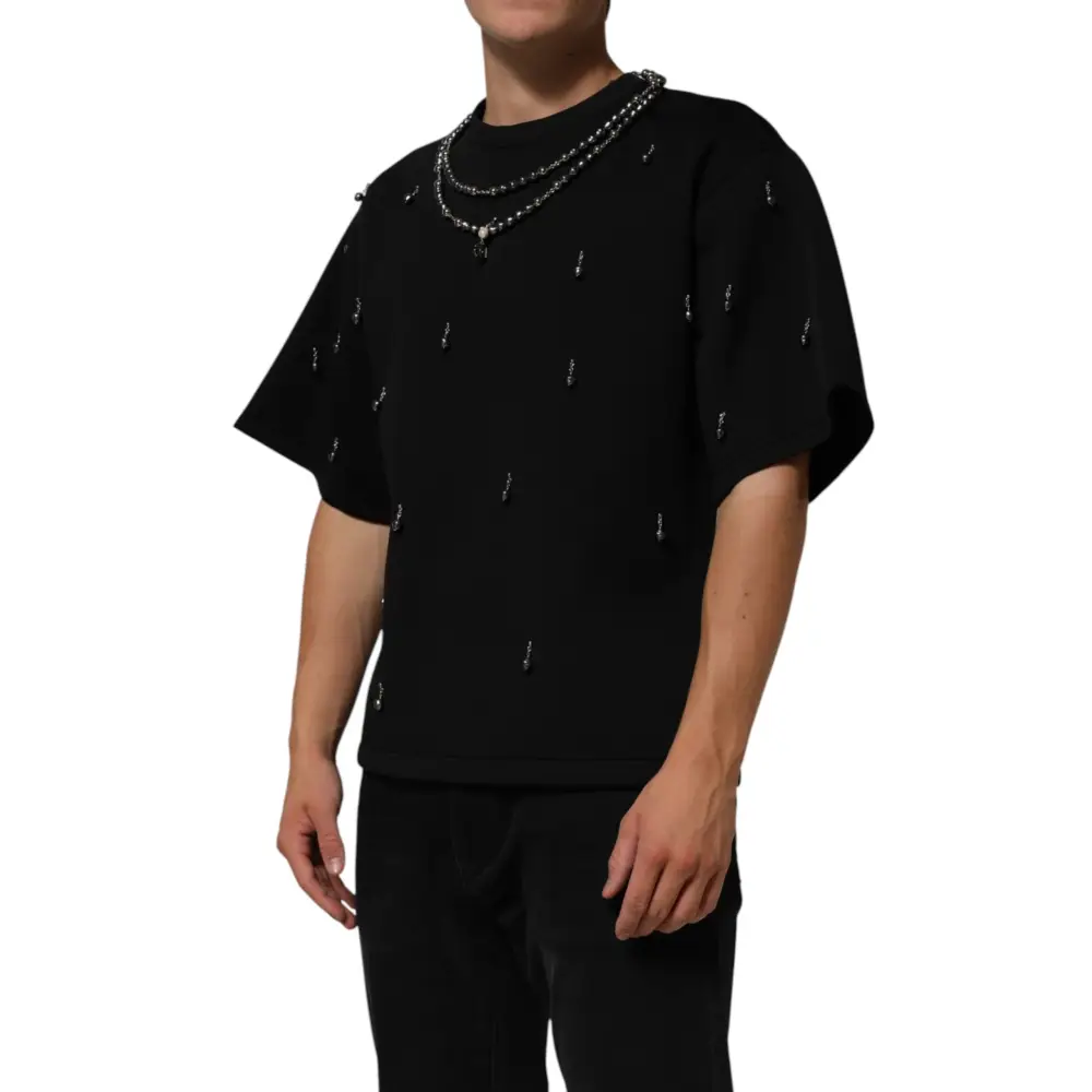 Dolce & Gabbana Black Polyester Necklace Embellished T-shirt - T-shirts
