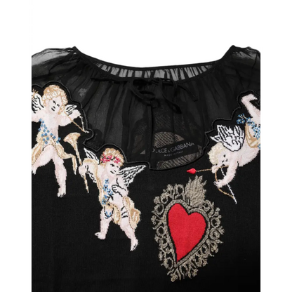 Dolce & Gabbana Black Sacred Heart Embroidered Crewneck Top - Sweaters