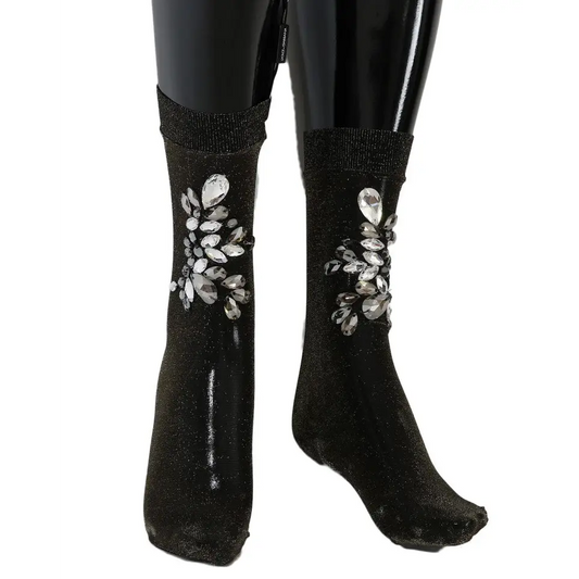 Sorte glitterstrømper med klar krystalblomster fra Dolce & Gabbana, spar 30-70% på mode