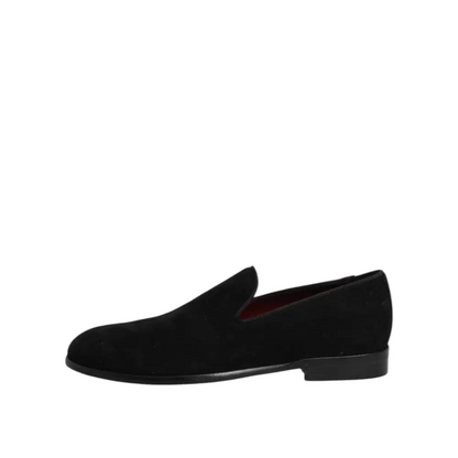 Dolce & Gabbana black suede slip on loafers with low-profile heel and red lining