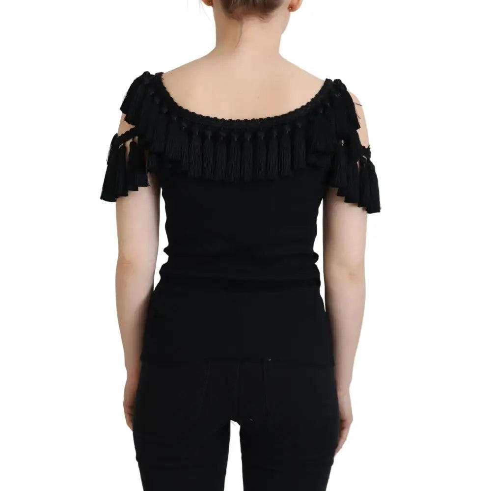 Dolce & Gabbana Black Tank Top Blouse Tassle Cotton Blouse