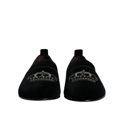 Dolce & Gabbana Black Velvet Crystal Crown Loafers Formal Dress Shoes