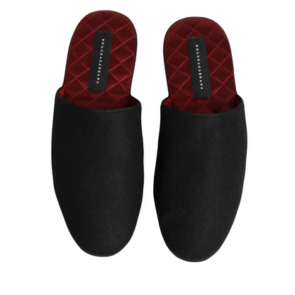 Dolce & Gabbana Black Wool Cashmere Red Quilted Slippers Shoes - Flip-flops
