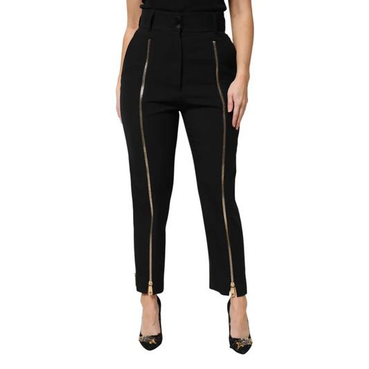Sorte højskårne Dolce & Gabbana bukser med guld lynlåse, outlet mærkevarer