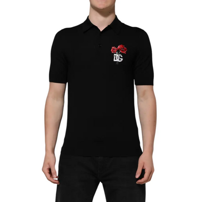 Sort Dolce & Gabbana sort polo med rød valmuge og monogram fra outlet mærkevarer