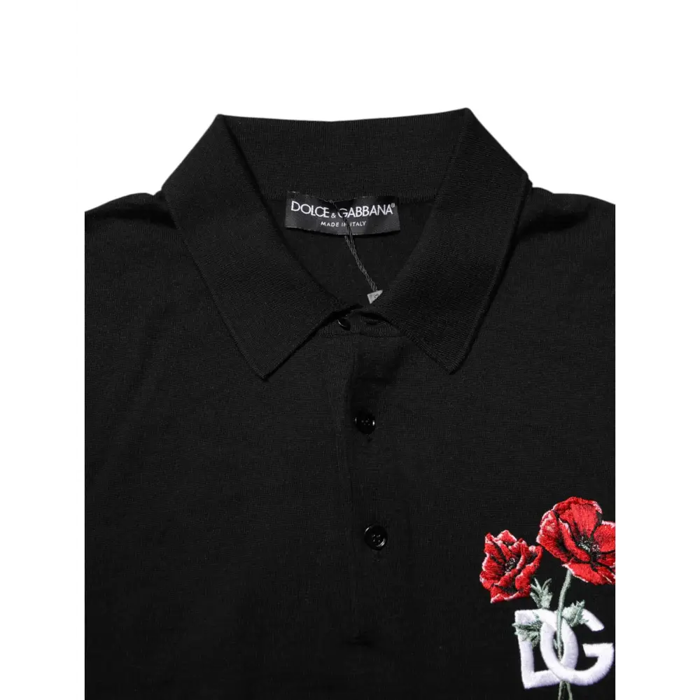 Dolce & Gabbana sort polo med røde valmuer og DG-logo, outlet mærkevarer