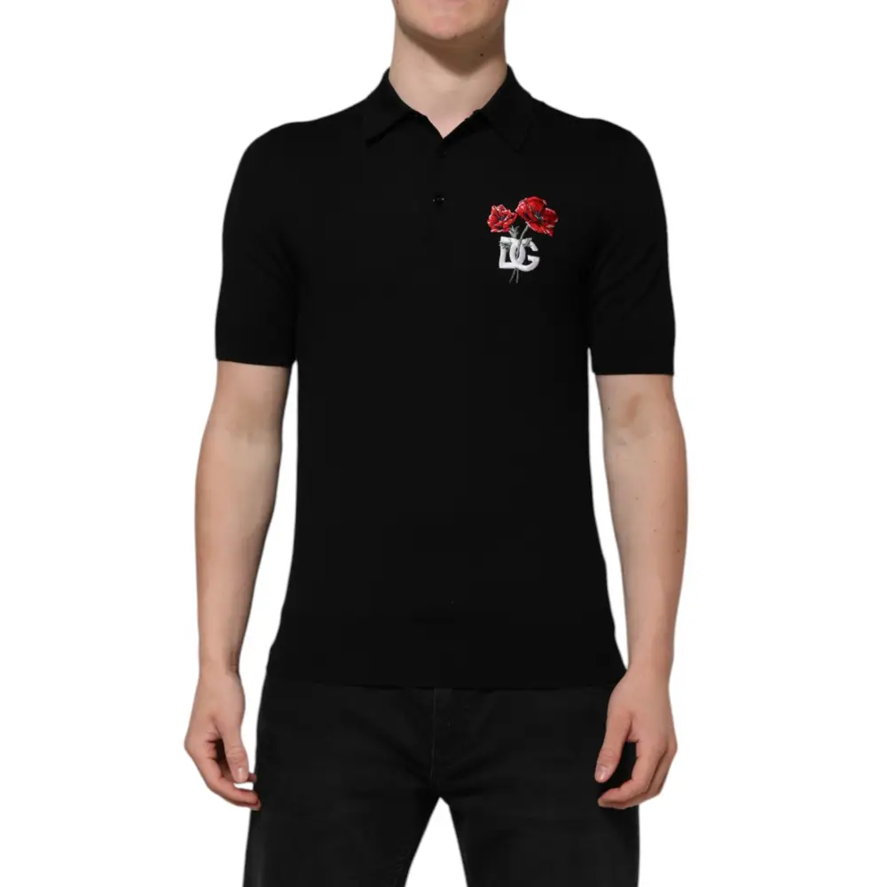 Sort Dolce & Gabbana sort polo med rød valmuge og monogram, outlet mærkevarer