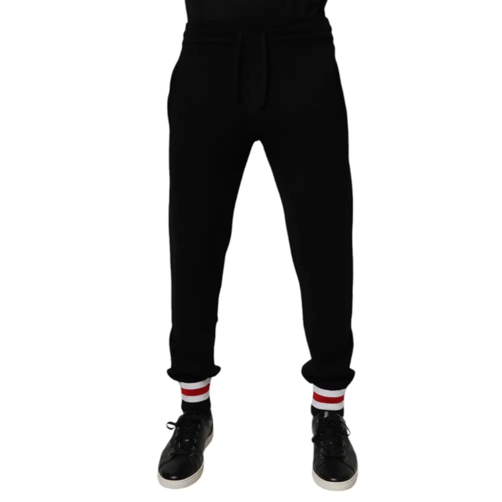 Dolce & Gabbana gabbana black wool mid waist joggers with red and white striped cuffs