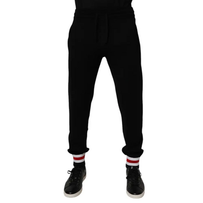 Dolce & Gabbana black wool mid waist joggers with red and white striped cuffs