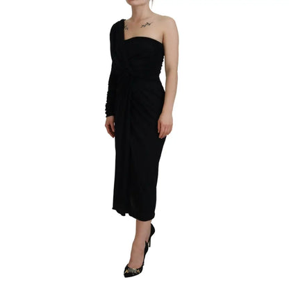 Dolce & Gabbana Black Wrap Sheath One Shoulder Wool Dress