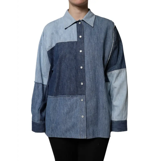 Dolce & Gabbana Blue Cotton Button Up Collared Long Sleeve Top - Skjorte
