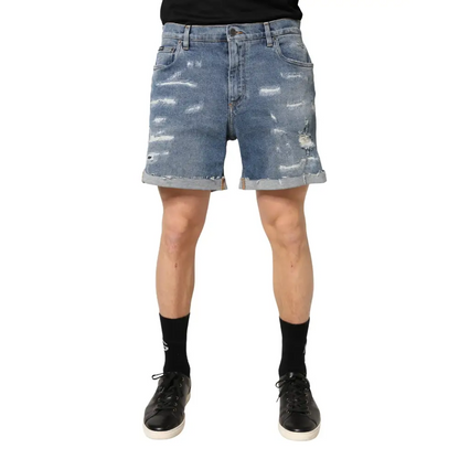 Dolce & Gabbana blue cotton distressed Bermuda shorts med rullede manchetter og falmet vask