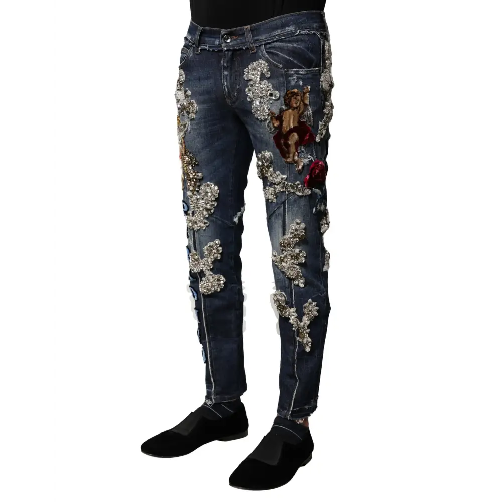 Dolce & Gabbana blå bomuld rhinesten udsmykkede jeans med sølv perle blomst og kerub