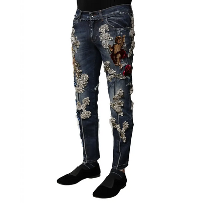 Dolce & Gabbana blå bomuld rhinesten udsmykkede jeans med sølv perle blomst og kerub