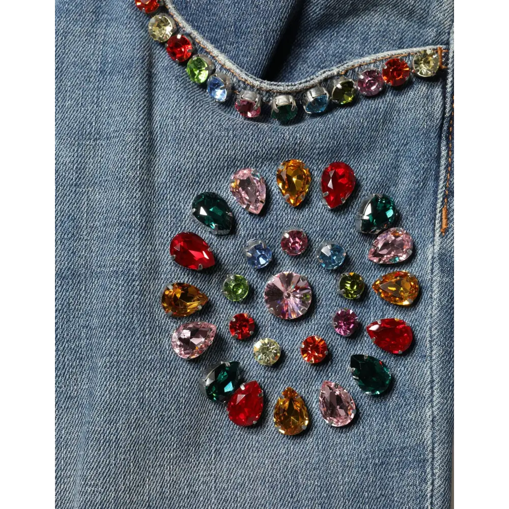 Dolce & Gabbana blue embellished loose cotton denim jeans with rhinestone neckline