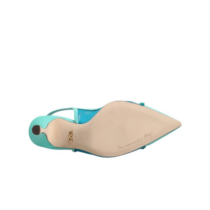 Turquoise satin Dolce & Gabbana blue leather mesh slingback heels