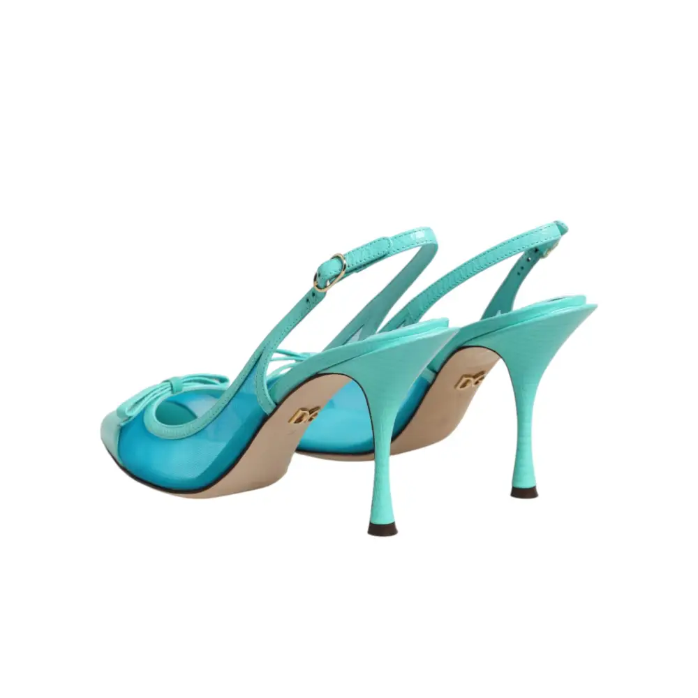 Turquoise Dolce & Gabbana blue leather mesh slingback heels with bow