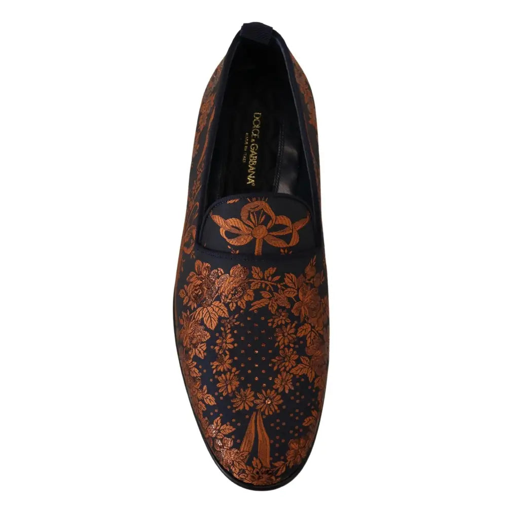 Dolce & Gabbana Blue Rust Floral Slippers Loafers Shoes