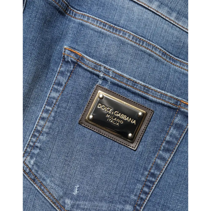 Dolce & Gabbana blue tattered skinny cotton denim jeans with black leather patch