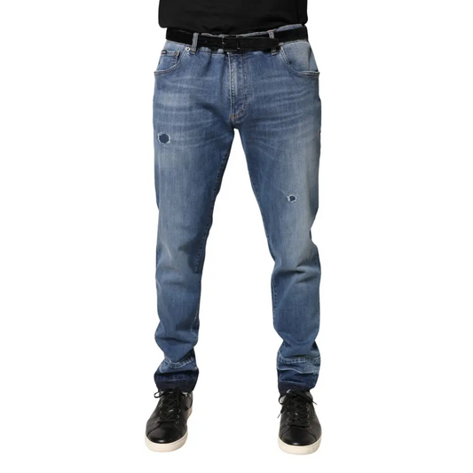 Dolce & Gabbana blue tattered skinny cotton denim jeans med medium-vask