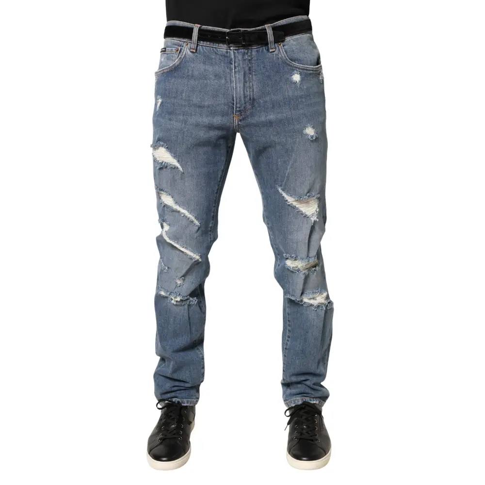 Dolce & Gabbana blue tattered slim fit denim jeans with rips and frayed edges