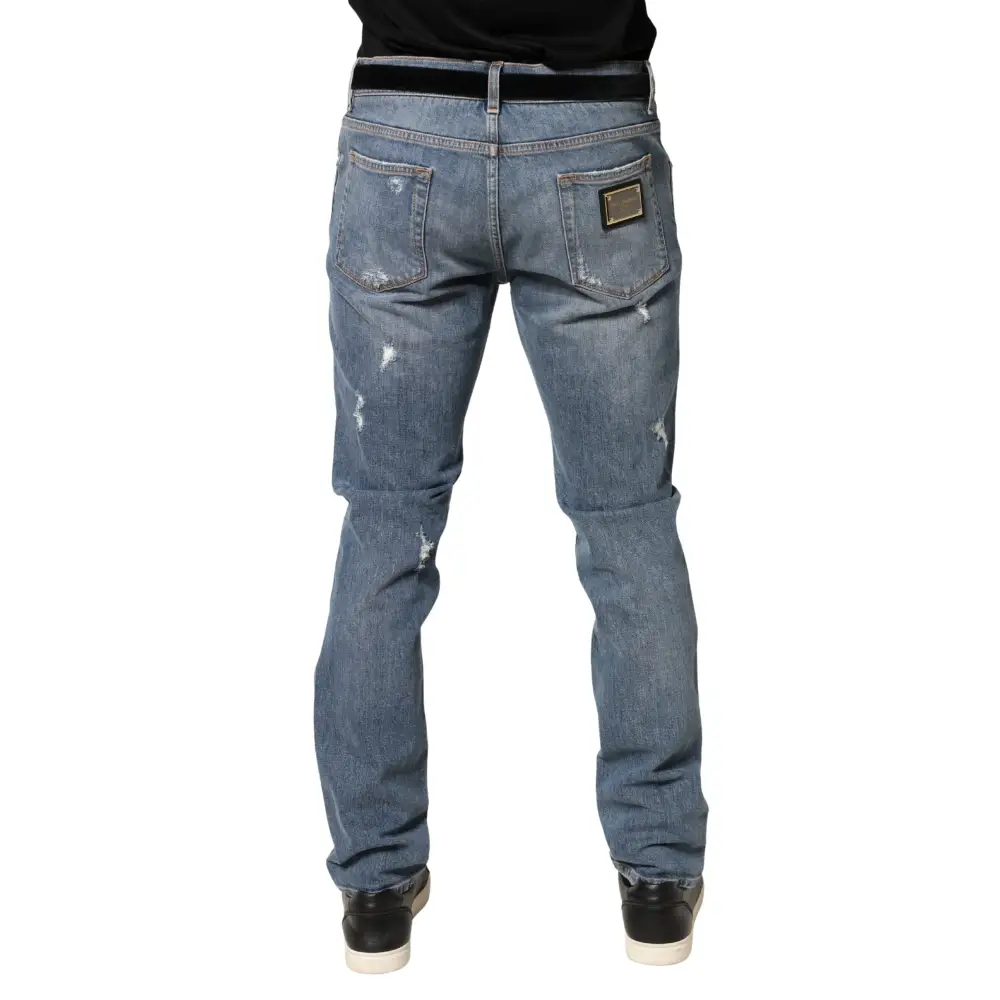 Dolce & Gabbana blue tattered slim fit denim jeans med sort bælte og guld-logo
