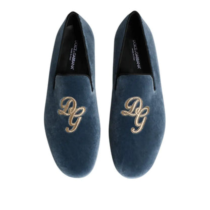Dolce & Gabbana Blue Velvet DG Logo Loafers Formal Shoes