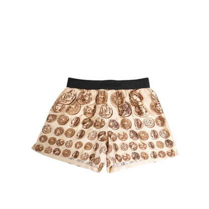 Dolce & Gabbana Brown Ancient Coin Print Silk Shorts Swimwear