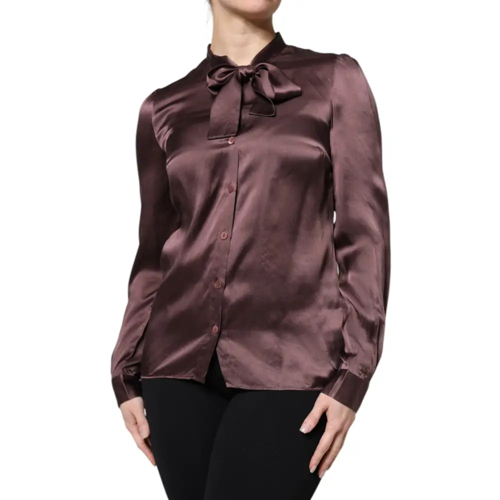 Dolce & Gabbana brown ascot collar langærmet bluse i chokoladebrun satin med bow