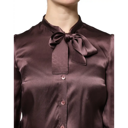 Dolce & Gabbana brown ascot collar long-sleeved satin blouse med bow