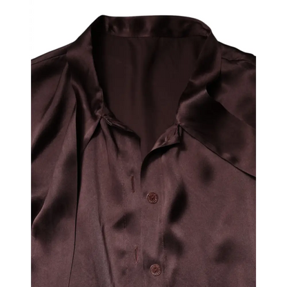 Dolce & Gabbana brown ascot collar long ærmet bluse i mørk brun satin med skinn og knapper