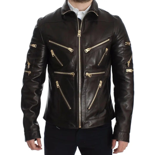Dolce & Gabbana Brown Lambskin Leather Zipper Jacket