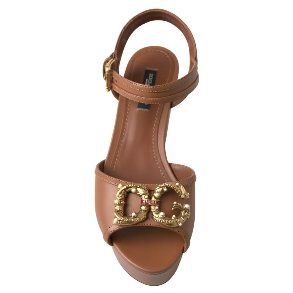 Dolce & Gabbana brown leather Amore wedges sandals with pearl DG clasp