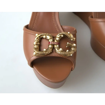 Dolce & Gabbana brown leather Amore wedges sandals with pearl DG logo