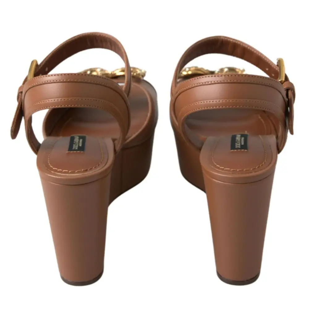 Dolce & Gabbana brown leather Amore wedges sandals with gold chain