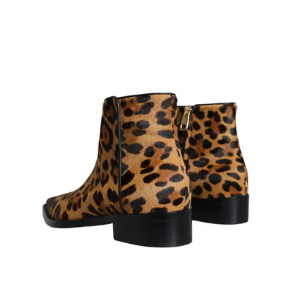 Dolce & Gabbana Brown Leopard Calf Fur Ankle Boots Shoes