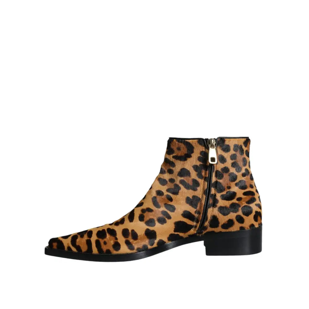 Dolce & Gabbana Brown Leopard Calf Fur Ankle Boots Shoes